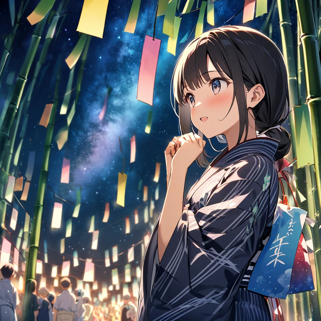 Milky Way in the night sky
break
There are many bamboo decorations for Tanabata.
break
A town at night decorated with Tanabata bamboo、15-year-old girl、Yukata, 