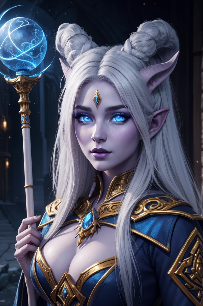 ภาพเหมือนที่มีรายละเอียดซับซ้อนของ draenei mage จาก world of warcraft, ผิวสีฟ้า, ดวงตาที่มีรายละเอียดสวยงาม, ริมฝีปากที่มีรายละเอียดสวยงาม, ใบหน้าที่มีรายละเอียดมาก, ขนตายาว, เนื้อผิวละเอียด, ผมขาวสลวย, เสื้อคลุมหรูหราหรูหรา, ถือไม้เท้าวิเศษเรืองแสง, สภาพแวดล้อมแฟนตาซีลึกลับ, แสงระดับโรงภาพยนตร์ระดับมหากาพย์, สีสันสดใส, เหมือนจริง, 8ก, ความละเอียดสูง, ผลงานชิ้นเอก, แนวคิดศิลปะ.