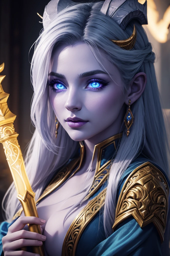 aufwendiges, detailliertes Porträt eines Draenei-Magiers aus World of Warcraft, blauhäutig, Schöne, detaillierte Augen, schöne detaillierte Lippen, extrem detailliertes Gesicht, lange Wimpern, detaillierte Hautstruktur, Fließendes weißes Haar, elegante verzierte Roben, hält einen leuchtenden Zauberstab, mystische Fantasy-Umgebung, epische filmische Beleuchtung, leuchtende Farben, fotorealistisch, 8k, Hohe Auflösung, Meisterwerk, Konzeptkunst.