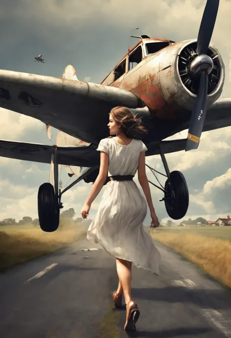 Create an image where a desperate girl is chasing an old plane.
