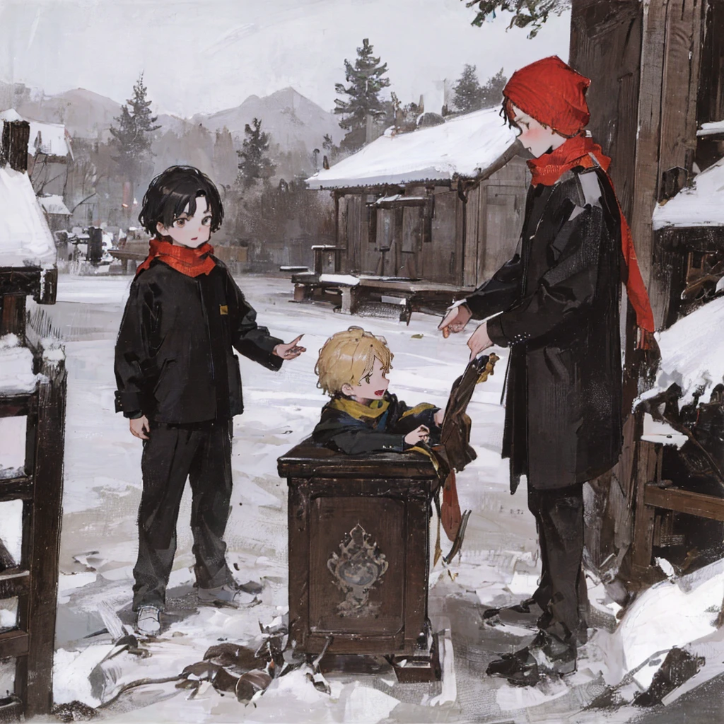 ((masterpiece,best quality,detailed，Two little boys，Fighting)) 8K,Snow，forest，Frozen Lake，cold，scarf