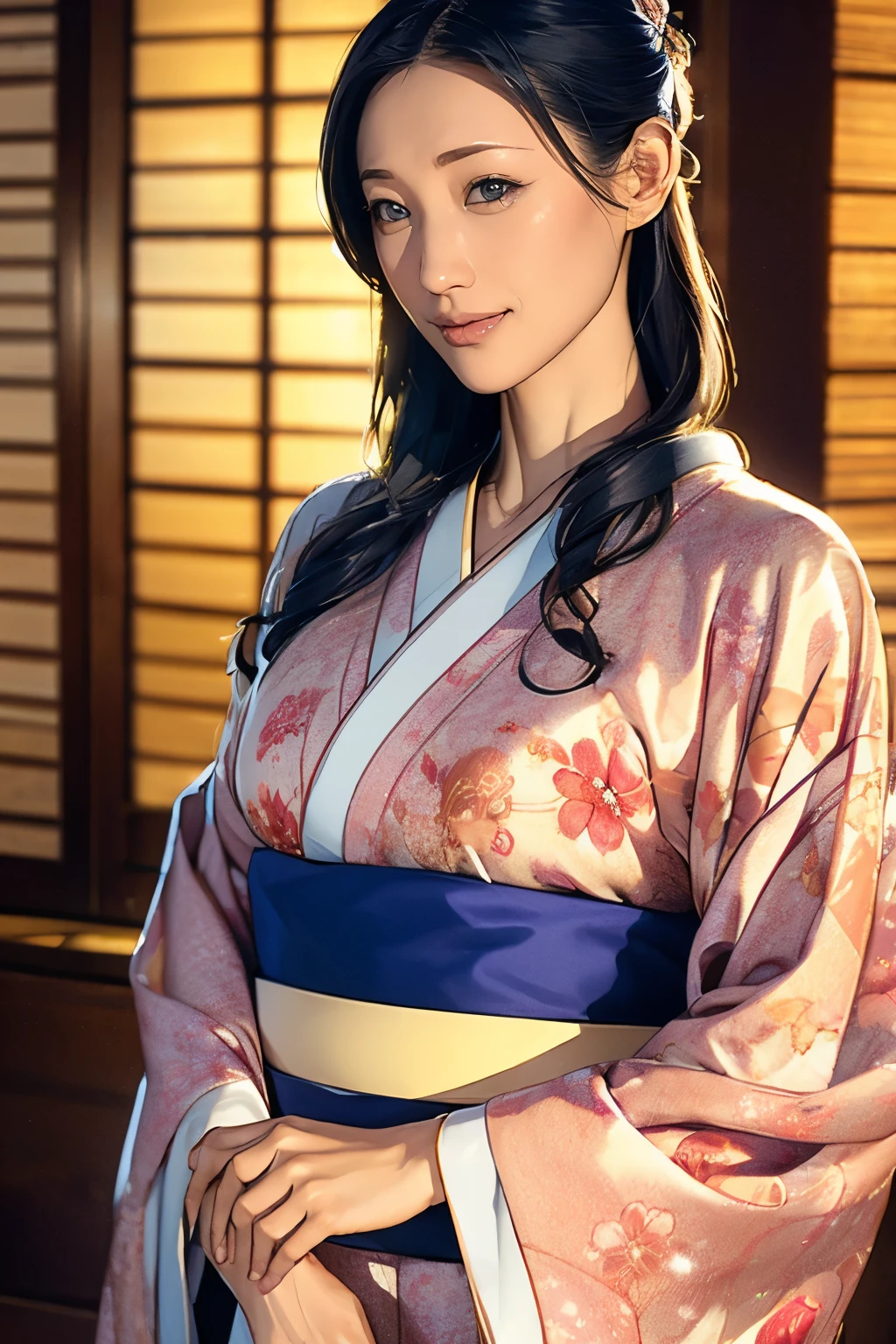 (Highest quality、Tabletop、Best image quality、Award-winning works)、 The proprietress of a beautiful inn、(Beautiful kimono with elegant floral pattern:1.3)、Perfect female portrait photography、Glowing Skin、Standing Elegantly、(Blurred luxury hotel background:1.1)、(Calm, warm and moody lighting:1.1)、(Tyndall effect:1.1)、Great cinema lighting、Glowing Skin、smile、Large Breasts、Accentuate your body lines、Upper body photo、Chignon