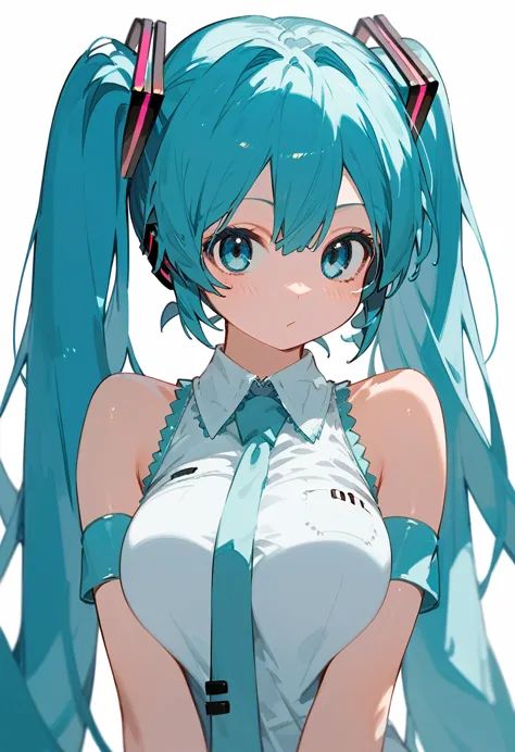 hatsune miku, light blue hair, light blue eyes, two hair ties, large breasts