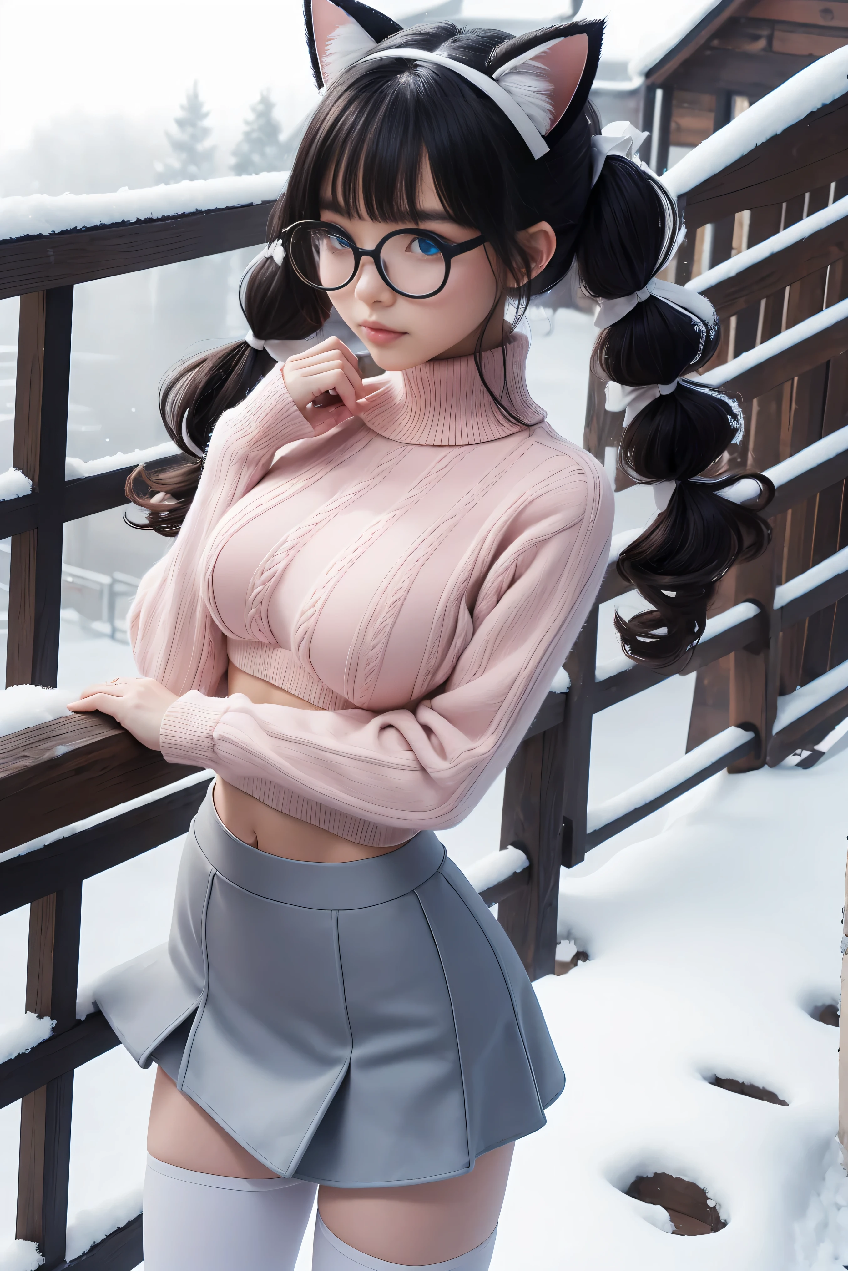 (Best Quality,High resolution:1.2), Ultra-detailed, Realistic portrait, hot Russian girl, pretty face, perfect long legs, full body, tiny waist. large breasts, standing, tight white cropped jumper, black high waist leggings, pink and white snow boots, in the snow, large blue eyes, long black hair tied up with a ribbon, pigtails, tight high waist mini skirt, woolen socks, hair bangs, snowing, foggy, (large round black rimmed glasses), cat ears, (large bow at the back of head, midriff)