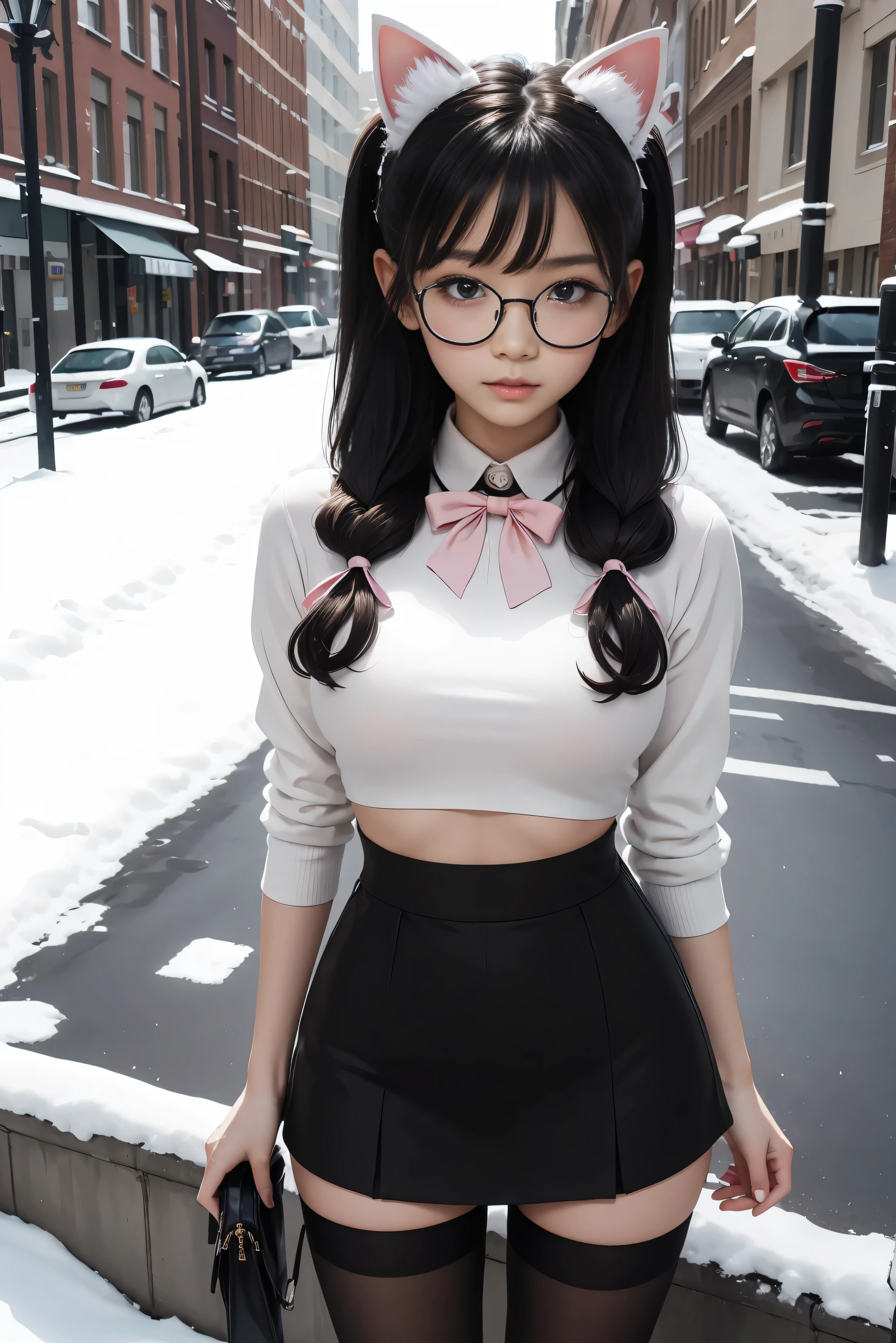 (Best Quality,High resolution:1.2), Ultra-detailed, Realistic portrait, hot Russian girl, pretty face, perfect long legs, full body, tiny waist. large breasts, standing, tight white cropped jumper, black high waist leggings, pink and white snow boots, in the snow, large blue eyes, long black hair tied up with a ribbon, pigtails, tight high waist mini skirt, woolen socks, hair bangs, snowing, foggy, (large round black rimmed glasses), cat ears, (large bow at the back of head, midriff)