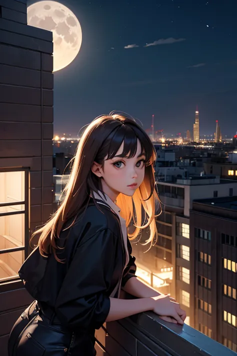 GIRL LOOKING AT THE FULL MOON ON TOP OF A BUILDING