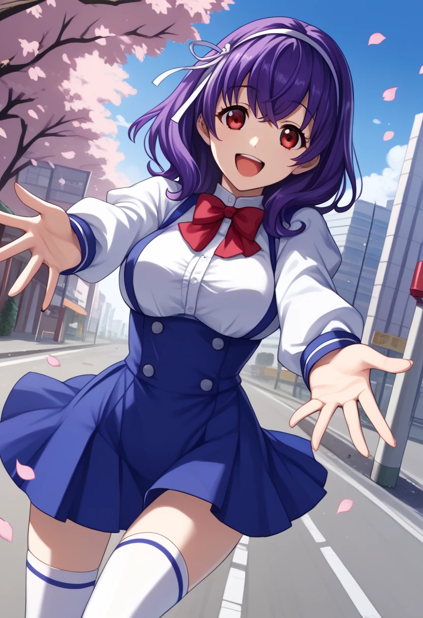 score_9, score_8_up, score_7_up, score_6_up, score_5_up, score_4_up, source_anime, rating_safe, BREAKtomo yamanobe, 1girl, purple hair, medium hair, red eyes, large breasts, hairband, hair ribbon, happy, smile, open mouth, blue dress, white shirt, red bowtie, long sleeves, blue skirt, white thighhighs, dutch angle, looking at viewer, outstretched arms, cherry blossoms, falling petals, city, road, spring \(season\)