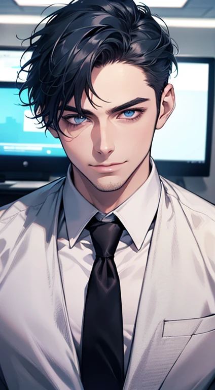 (best quality,4k,8k,highres,masterpiece:1.2),ultra-detailed,(realistic,photorealistic,photo-realistic:1.37),1 man,31 years old,mature man,very handsome,without expression,smile,short blue hair,blue eyes,penetrating gaze,perfect face without errors,imposing posture,businessman,office background,cinematic lighting,hdr image