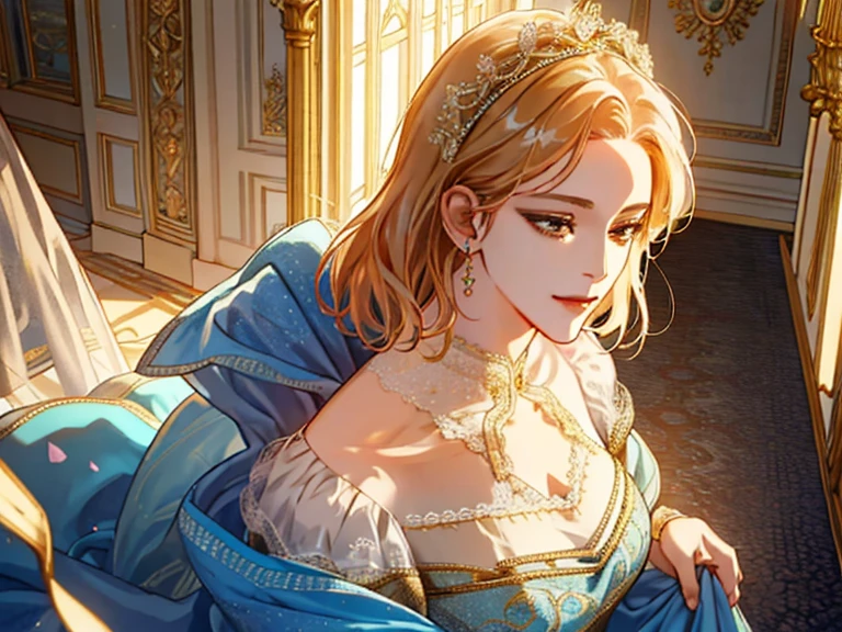 shoujo-style, (extremely delicate and beautiful:1.2), 8k,(masterpiece:1.0),(best_quality:1.0), 1girl, mature woman, complex details, enlarged textures, complex details, finely detailed eyes and detailed face, intricate details, (cleavage), royal dress, (closed mouth), perfect eyes, equal eyes, light smile, (goddess)