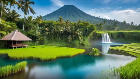 the waterfall flows from small cliffs of bali into a lake. there is a small hut surrounded by tropical forest plants, volcano in...