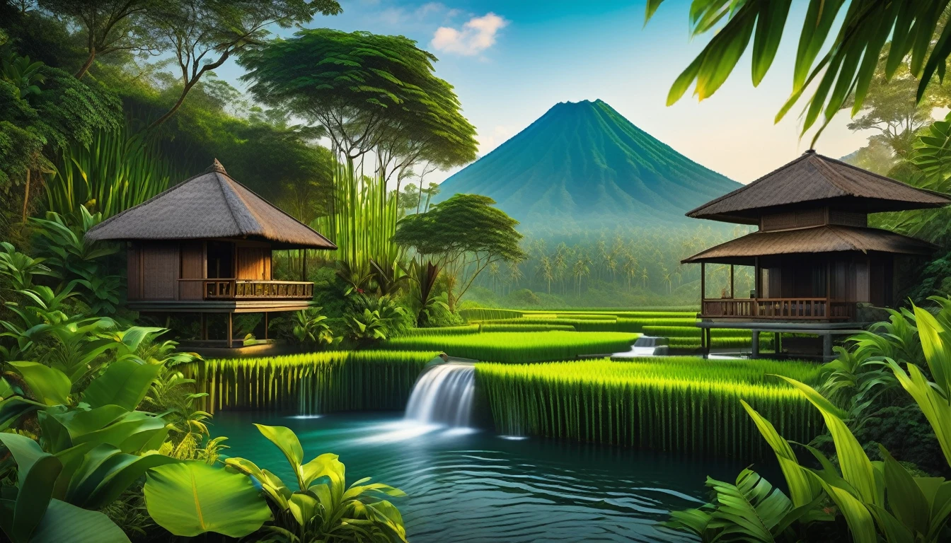 The waterfall flows from small cliffs of Bali into a lake. There is a small hut surrounded by tropical forest plants, volcano in the background and no clouds, vast rice fields full of rice plants, cloudless blue sky, no clouds, vibrant and realistic photography.