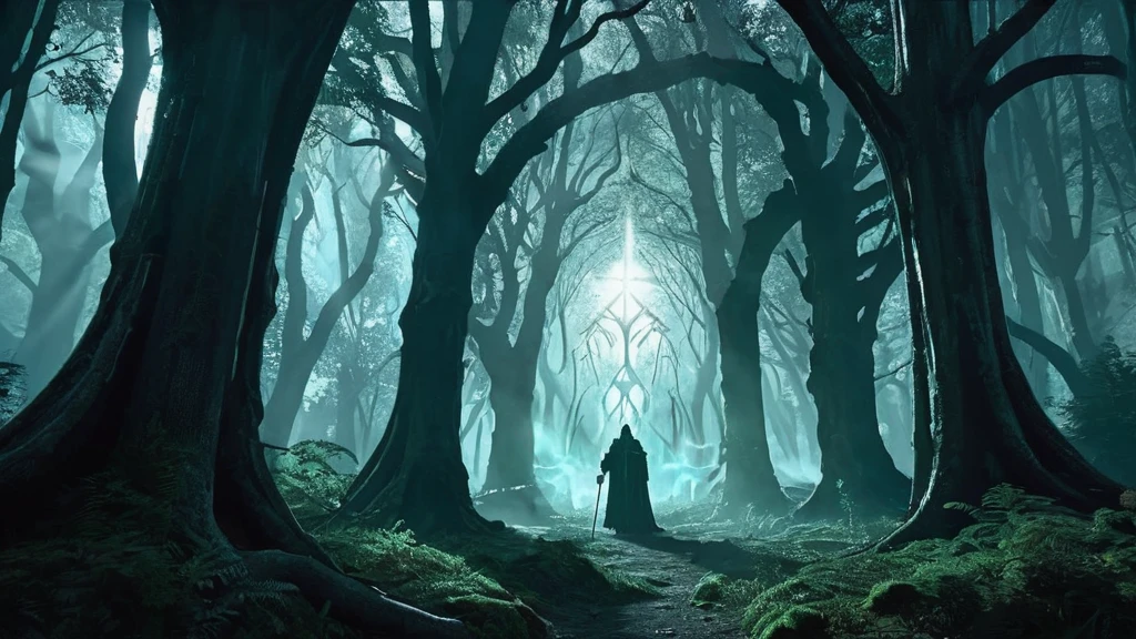 an image of a dark lycan priest in a dense, mystical forest, set in a medieval fantasy world.

The scene unfolds deep within the heart of the forest, where ancient trees loom tall and twisted, their gnarled branches reaching towards the ominous sky. Shafts of pale moonlight filter through the dense canopy, casting eerie shadows that dance across the forest floor. Wisps of mist curl around the trunks of trees, adding to the mystical atmosphere.

In the center of this enchanted grove stands the lycan priest, a figure cloaked in robes of deep crimson and black, adorned with intricate runes and symbols that shimmer faintly in the moonlight. The priest's form is hunched and imposing, with eyes that gleam with a feral intensity beneath a cowl of shadows.

Around the priest, the forest seems to stir with an otherworldly presence. Ethereal wolves, their forms translucent and ghostly, prowl silently at the edges of the clearing, their eyes fixed on the priest with reverence and fear. Ancient stone altars, weathered by time and overgrown with moss, stand scattered amidst the trees, hinting at rituals long forgotten and powers ancient and arcane.

Capture the eerie juxtaposition of darkness and mysticism in this image, conveying the lycan priest's connection to the natural world and the potent magic that surrounds him. The atmosphere should evoke a sense of ancient rituals, hidden powers, and the untamed beauty of the medieval fantasy forest setting.