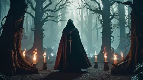 cult leader in a dark, medieval fantasy forest, surrounded by devoted followers and mysterious rituals.

The setting is a seclud...