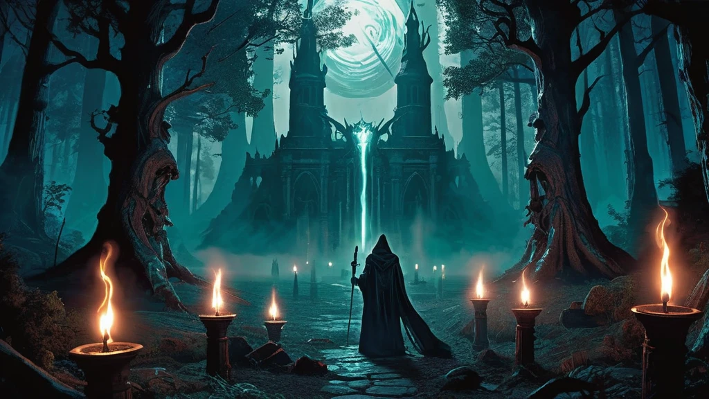 cult leader in a dark, medieval fantasy forest, surrounded by devoted followers and mysterious rituals.

The setting is a secluded grove deep within the ancient forest, where towering trees obscure the sky and roots twist like serpents across the forest floor. Moonlight filters through the dense canopy, casting a dim, ethereal glow on the scene below.

At the heart of the grove stands the cult leader, a figure draped in elaborate robes of midnight black and deep crimson. Their face is partially obscured by a hood, revealing only glimpses of sharp, intense eyes that seem to gleam with unearthly knowledge and charisma.

Around the cult leader, a circle of devoted followers has gathered, each clad in simple, hooded garments. Some hold candles that flicker with a ghostly light, while others clutch ancient tomes or ritualistic daggers adorned with mysterious runes. Their faces are a mix of reverence and anticipation as they await the leader's command.

In the center of the clearing, a stone altar stands, its surface etched with arcane symbols and stained with offerings. Nearby, torches cast dancing shadows that seem to whisper secrets to those who dare to listen.

Capture the eerie atmosphere of this dark medieval fantasy scene, emphasizing the cult leader's magnetic presence and the air of mystery and foreboding that permeates the forest grove. The image should evoke a sense of ancient rituals, forbidden knowledge, and the potent allure of darkness in this mystical setting.