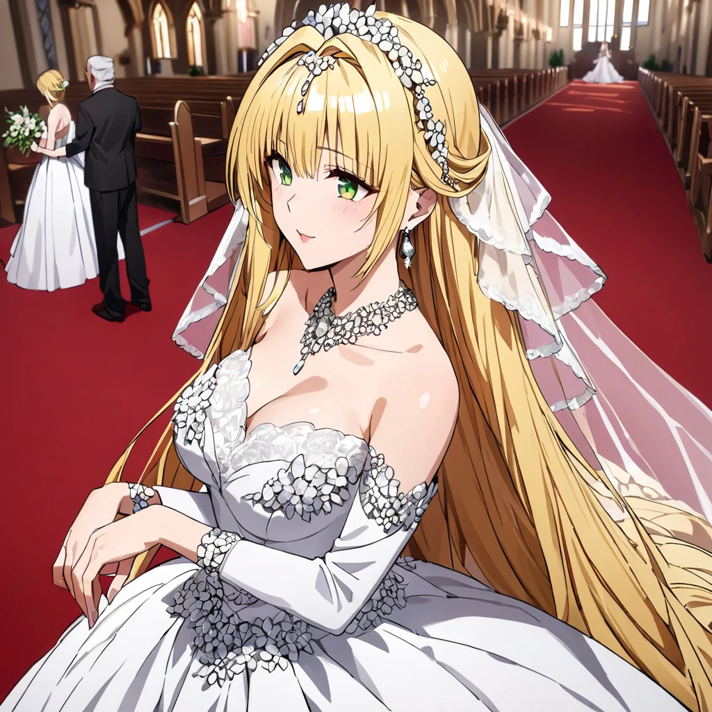 ((Highest quality)), ((masterpiece)), (detailed), （Perfect Face）、The woman is Tiare, has green eyes, medium-long blonde hair, and is wearing an engagement ring.、The woman is wearing a gorgeous, dazzlingly jeweled wedding dress, a wedding veil, a gorgeously jeweled wedding head dress chain, gorgeous jeweled earrings and other gorgeous, dazzling accessories, and is being led by a dignified, bearded, elderly man down the red carpet aisle in a gorgeous church to hold her wedding ceremony.、The man is a dignified, bearded old man, very wealthy, dressed in luxurious clothes and wearing an engagement ring.