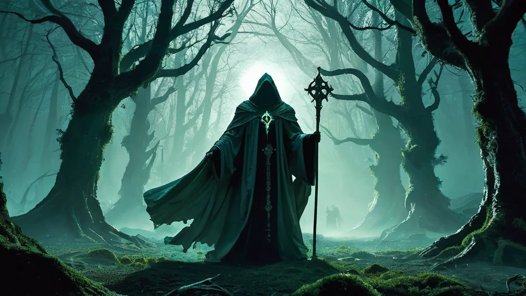 an image of a dark lycan priest in a dense, mystical forest, set in a medieval fantasy world.

The scene unfolds deep within the heart of the forest, where ancient trees loom tall and twisted, their gnarled branches reaching towards the ominous sky. Shafts of pale moonlight filter through the dense canopy, casting eerie shadows that dance across the forest floor. Wisps of mist curl around the trunks of trees, adding to the mystical atmosphere.

In the center of this enchanted grove stands the lycan priest, a figure cloaked in robes of deep crimson and black, adorned with intricate runes and symbols that shimmer faintly in the moonlight. The priest's form is hunched and imposing, with eyes that gleam with a feral intensity beneath a cowl of shadows.

Around the priest, the forest seems to stir with an otherworldly presence. Ethereal wolves, their forms translucent and ghostly, prowl silently at the edges of the clearing, their eyes fixed on the priest with reverence and fear. Ancient stone altars, weathered by time and overgrown with moss, stand scattered amidst the trees, hinting at rituals long forgotten and powers ancient and arcane.

Capture the eerie juxtaposition of darkness and mysticism in this image, conveying the lycan priest's connection to the natural world and the potent magic that surrounds him. The atmosphere should evoke a sense of ancient rituals, hidden powers, and the untamed beauty of the medieval fantasy forest setting.