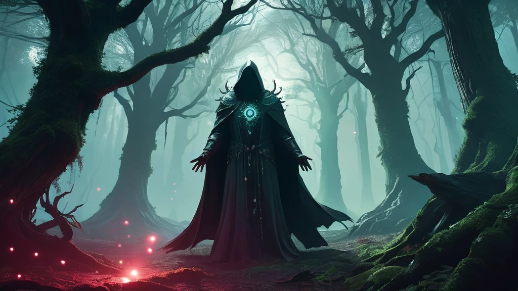 an image of a dark lycan priest in a dense, mystical forest, set in a medieval fantasy world.

The scene unfolds deep within the heart of the forest, where ancient trees loom tall and twisted, their gnarled branches reaching towards the ominous sky. Shafts of pale moonlight filter through the dense canopy, casting eerie shadows that dance across the forest floor. Wisps of mist curl around the trunks of trees, adding to the mystical atmosphere.

In the center of this enchanted grove stands the lycan priest, a figure cloaked in robes of deep crimson and black, adorned with intricate runes and symbols that shimmer faintly in the moonlight. The priest's form is hunched and imposing, with eyes that gleam with a feral intensity beneath a cowl of shadows.

Around the priest, the forest seems to stir with an otherworldly presence. Ethereal wolves, their forms translucent and ghostly, prowl silently at the edges of the clearing, their eyes fixed on the priest with reverence and fear. Ancient stone altars, weathered by time and overgrown with moss, stand scattered amidst the trees, hinting at rituals long forgotten and powers ancient and arcane.

Capture the eerie juxtaposition of darkness and mysticism in this image, conveying the lycan priest's connection to the natural world and the potent magic that surrounds him. The atmosphere should evoke a sense of ancient rituals, hidden powers, and the untamed beauty of the medieval fantasy forest setting.