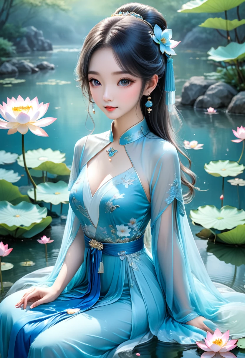 There is a blue dress, long legs, a woman sitting on a rock in the water, standing elegantly on a lotus flower, ethereal beauty, wearing a blue cheongsam, court, a girl in Hanfu, wearing a blue cheongsam, full of fairy Xia, in the pond, white Hanfu, a stunning young ethereal figure, flowing dress, light blue, hair behind ear  