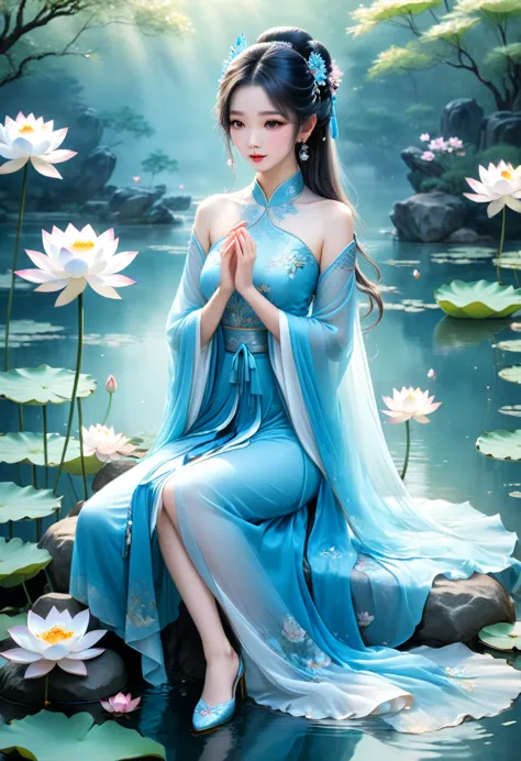 there is a blue dress, long legs, a woman sitting on a rock in the water, standing elegantly on a lotus flower, ethereal beauty,...