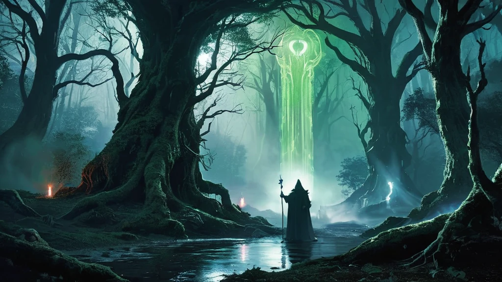 an image of a dark lycan in a dense, mystical forest, set in a medieval fantasy world.

The scene unfolds deep within the heart of the forest, where ancient trees loom tall and twisted, their gnarled branches reaching towards the ominous sky. Shafts of pale moonlight filter through the dense canopy, casting eerie shadows that dance across the forest floor. Wisps of mist curl around the trunks of trees, adding to the mystical atmosphere.

In the center of this enchanted grove stands the lycan priest, a figure cloaked in robes of deep crimson and black, adorned with intricate runes and symbols that shimmer faintly in the moonlight. The priest's form is hunched and imposing, with eyes that gleam with a feral intensity beneath a cowl of shadows.

Around the priest, the forest seems to stir with an otherworldly presence. Ethereal wolves, their forms translucent and ghostly, prowl silently at the edges of the clearing, their eyes fixed on the priest with reverence and fear. Ancient stone altars, weathered by time and overgrown with moss, stand scattered amidst the trees, hinting at rituals long forgotten and powers ancient and arcane.

Capture the eerie juxtaposition of darkness and mysticism in this image, conveying the lycan priest's connection to the natural world and the potent magic that surrounds him. The atmosphere should evoke a sense of ancient rituals, hidden powers, and the untamed beauty of the medieval fantasy forest setting.