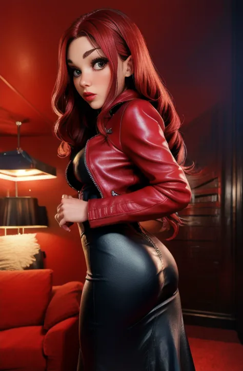 extremely detailed photo of a woman, loraelizabeth, scarlet witch, avengers, wearing black lace dress, open red leather jacket, ...