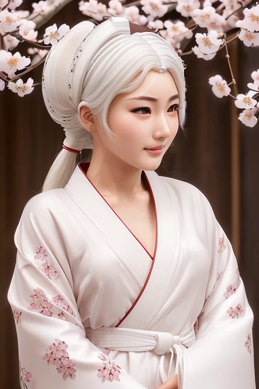 ((Hairstyled white hair:1.5))(Japan kimono with cherry blossom pattern:1.3), Symmetric, (highest quality, Photorealistic:1.4, Raw photo:1.2, Cinematic light, Highly detailed illustration), (1woman:1.3, alone), (Asian Girl, Very delicate face, Super beautiful face, Very delicate eyes, Ultra detailed nose, Very sophisticated mouth, Highly detailed facial features), woman, (Medium Bust:1.3), skin, Lip gloss, Laughter, Full Body View, High resolution, High resolution, 8k, Masterpiece 2:1, Skin Radiance, Glowing Skin, Young girl,（ Kyoto、Falling cherry blossoms）、off shoulder, shoulder blades、kimono
