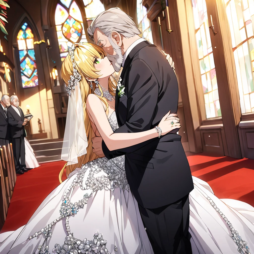 ((Highest quality)), ((masterpiece)), (detailed), （Perfect Face）、The woman is Tiare, has green eyes, medium-long blonde hair, and is wearing an engagement ring.、The woman is wearing a gorgeous, glittering, jeweled wedding dress, a wedding veil, a gorgeously jeweled wedding head dress chain, gorgeous jeweled earrings, and other gorgeous, glittering accessories. In a gorgeous church with a red carpet laid out, the man and woman embrace each other, kiss each other in exchange for their wedding vows, and hold a wedding ceremony, watched by a dignified, bearded old man, the priest, and other guests.、The man is a dignified, bearded old man, very wealthy, dressed in luxurious clothes and wearing an engagement ring.