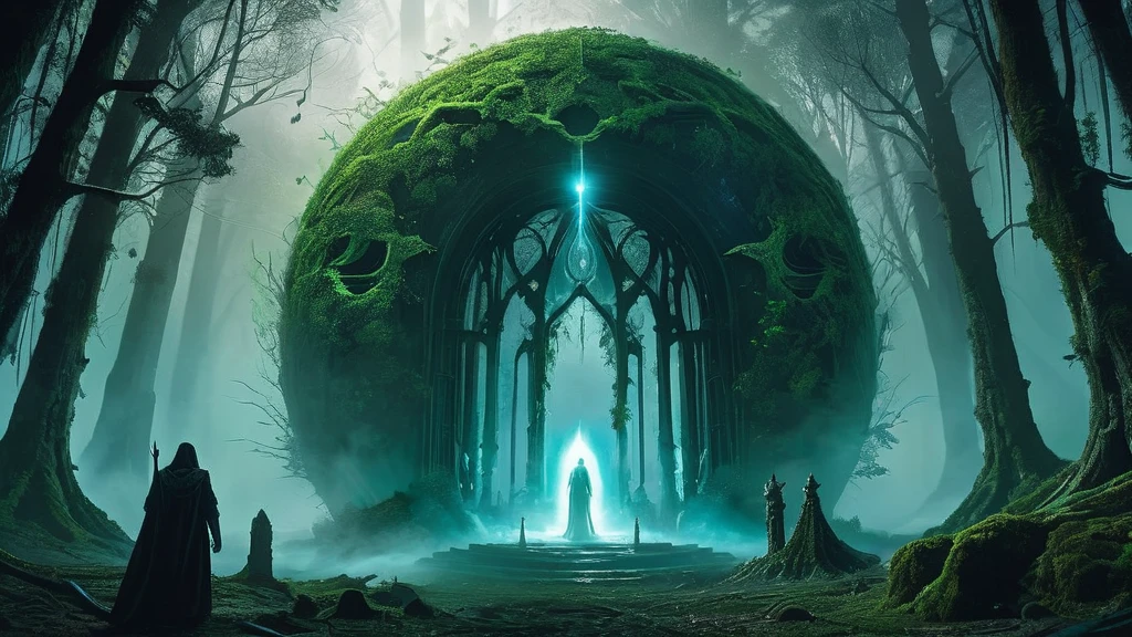 Create an image depicting an alien anomaly amidst a dark medieval fantasy forest:

I
 ancient forest shrouded in mist and shadows, an eerie anomaly has materialized—a portal from another world. The portal, pulsating with strange, ethereal lights, stands juxtaposed against gnarled, ancient trees and overgrown foliage that evoke a sense of timeless mystique.

The scene is bathed in the dim glow of a crescent moon, casting faint beams through the thick canopy, illuminating patches of moss-covered ground and ancient ruins scattered throughout the forest. Shadows dance eerily around the anomaly, hinting at unseen creatures and whispered secrets.

In this medieval fantasy realm, where magic and mystery intertwine, the alien anomaly serves as a stark contrast—a doorway to realms beyond comprehension, sparking curiosity and fear among those who dare to venture close. Capture the haunting beauty and otherworldly essence of this scene in your AI-generated image, blending elements of medieval fantasy with cosmic intrigue and the unknown.