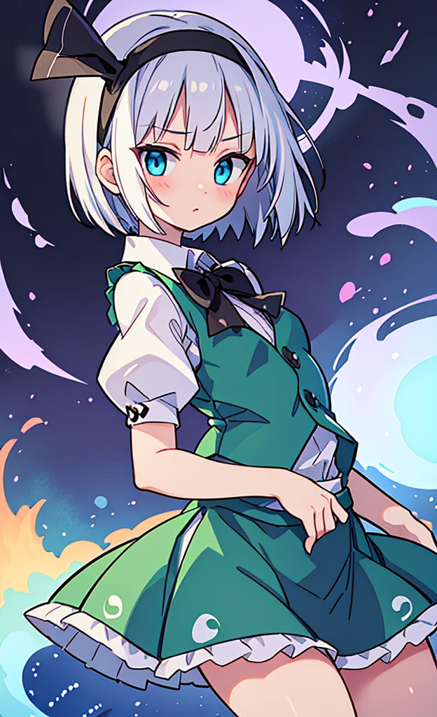 masterpiece,Highest quality,1 Girl,alone,Pokémon-like art style,(bold:1.6),(flat:1.5), gigantic breasts, WHITE HAIR,SHORT HAIR,HAIR RIBBON,HAIRBAND, GREEN EYES,BOW,WHITE SHIRT,GREEN VEST,GREEN SKIRT, KONPAKU YOUMU (GHOST), SHORT_HAIR, RIBBON, HAIRBAND, BLACK_HAIRBAND, HAIR_RIBBON, BLACK_RIBBON, BANGS, WHITE_HAIR, VEST, BLUE_EYES, GREEN_VEST, SWORD, KATANA, HITODAMA, BOW, BLUSH, BLACK_BOW, GREY_HAIR, 