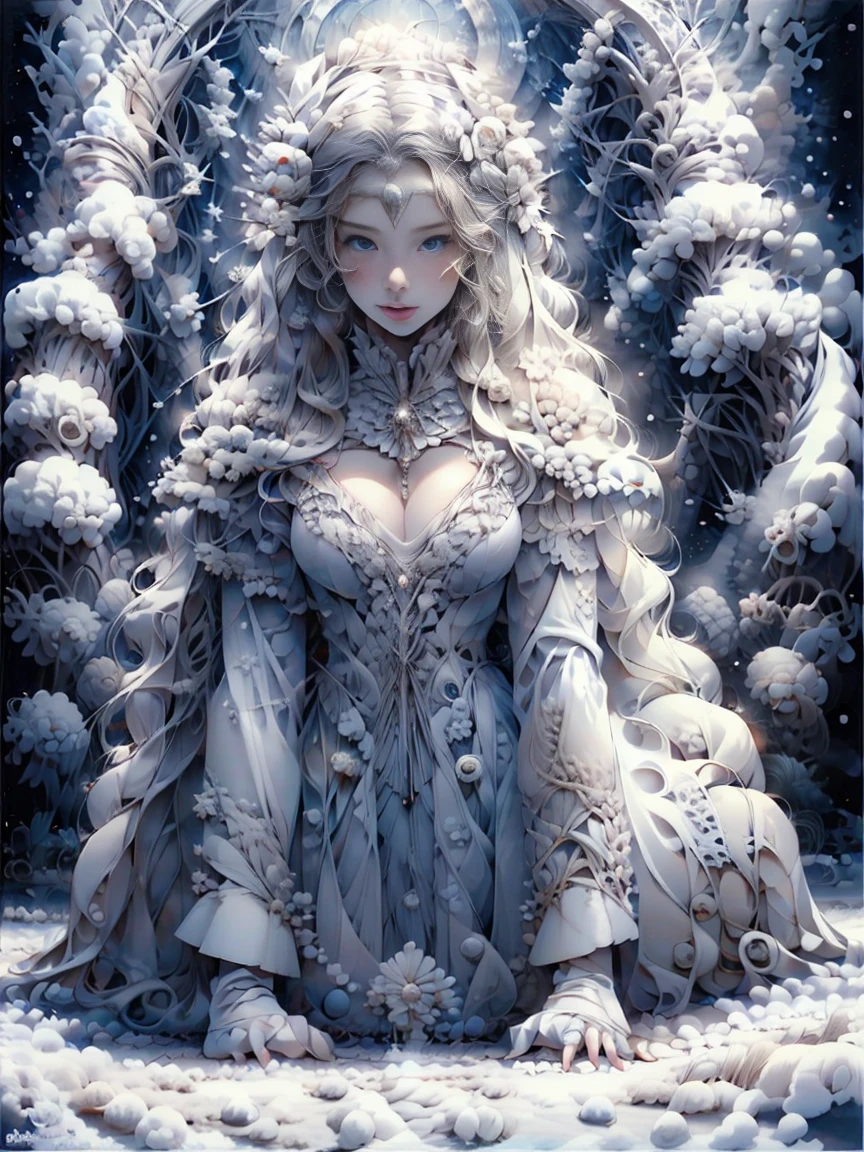 From front, An ultra hot beautiful european woman, age 23, blonde hair. she's a playmate, men magazine model, (arched on all four, hands on the ground, crawl on all fours, leaning forward:1.4) in the snow, smiling. Long loose wool grey sweater, showing almost all her breast, cleavage. in a snowy landscape, starry night, northern lights. Masterpiece, UHD