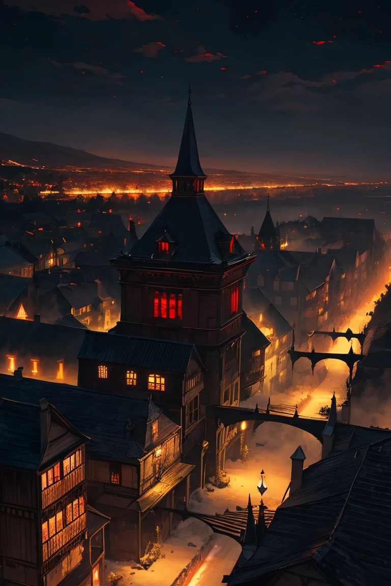 old European village shot with bird view, (Red glowing eyes), masterpiece, Depth of written boundary, Lutz, Gwaites style artwork, Gothic aesthetics, Dark Vampire village, ((in the dark gothic style cathle:1)), ((dark mid-night time:1.5)),