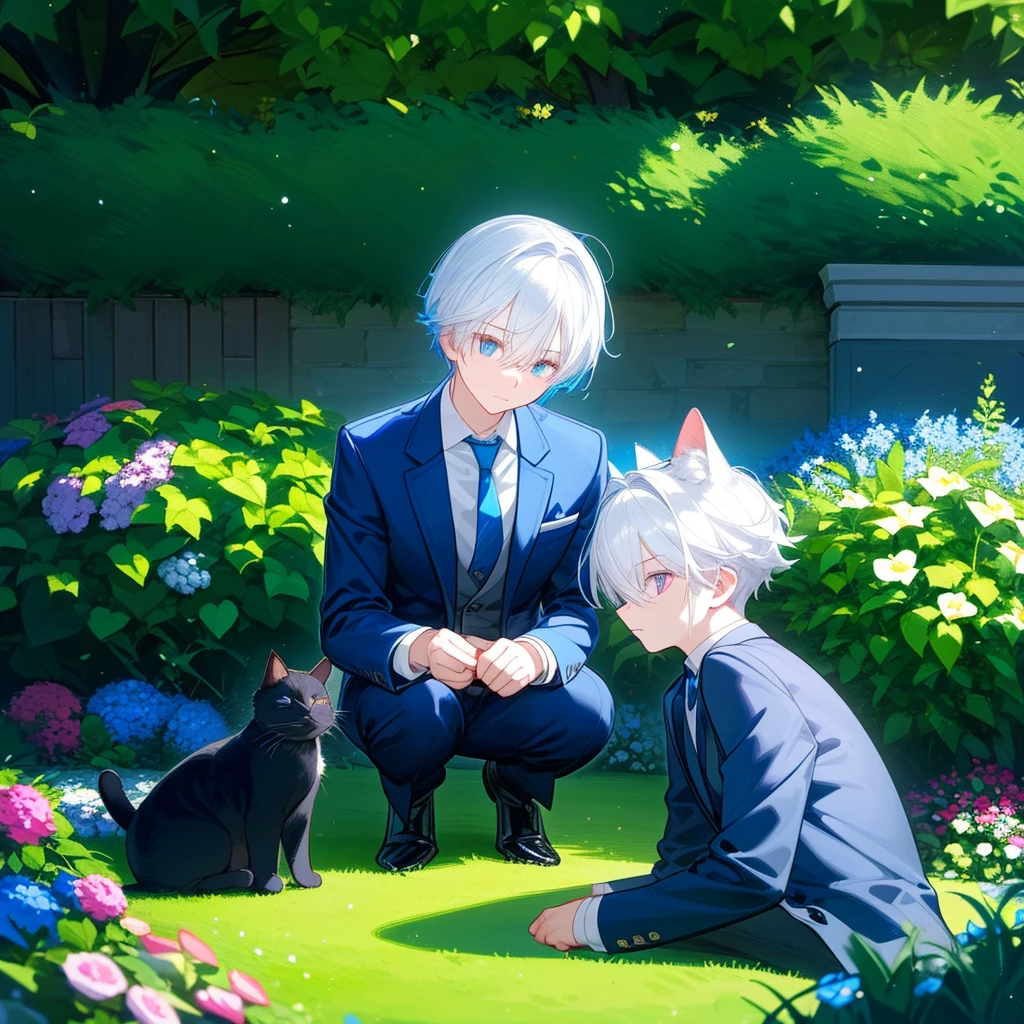 a cat man, His hair is white on the left and blue on the right, his eyes were red, wearing a jacket and tie, bust up!! He is in the garden