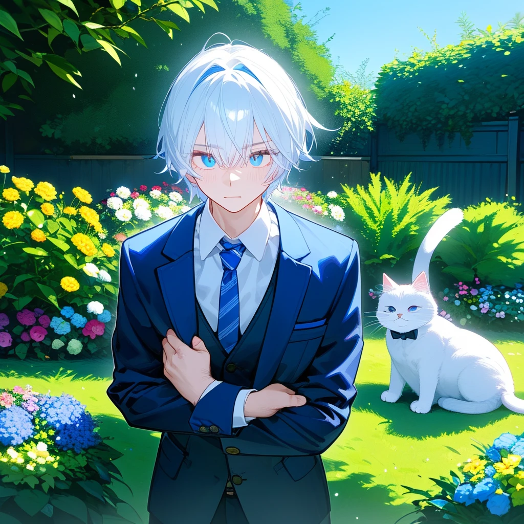 a cat man, His hair is white on the left and blue on the right, his eyes were red, wearing a jacket and tie, bust up!! He is in the garden