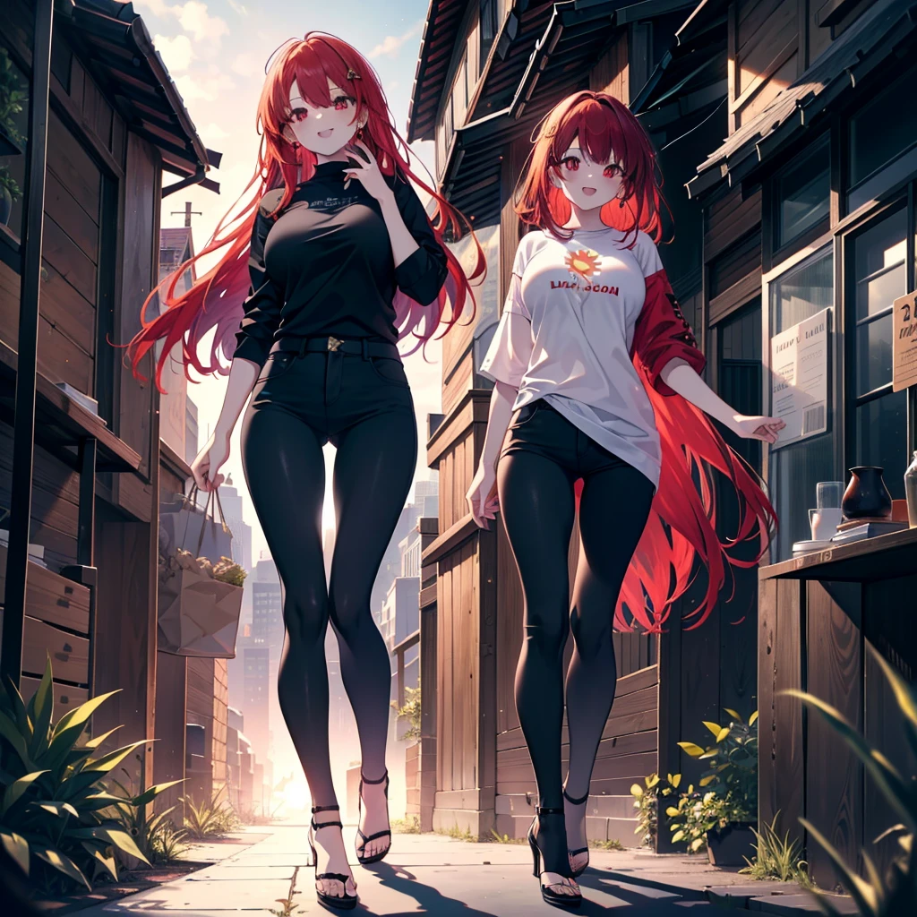 Ryuubedon, eyes red and gold, wicatalyst, red Hair, red and gold eyes,Long Hair,peitos grandes, happy smile, smile, Open your mouth, Oversized black y-shirt,Big Breasts,black skinny pants,Stiletto heels,morning,morning陽,The sun is rising,walking,whole bodyがイラストに入るように,Looking up from below,
break looking at viewer,whole body,
break outdoors, In town,
break (masterpiece:1.2), highest quality, High resolution, unity 8k wallpaper, (figure:0.8), (Beautiful fine details:1.6), Highly detailed face, Perfect lighting, Highly detailed CG, (Perfect hands, Perfect Anatomy),