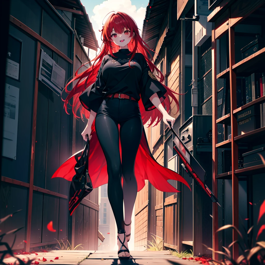 Ryuubedon, eyes red and gold, wicatalyst, red Hair, red and gold eyes,Long Hair,peitos grandes, happy smile, smile, Open your mouth, Oversized black y-shirt,Big Breasts,black skinny pants,Stiletto heels,morning,morning陽,The sun is rising,walking,whole bodyがイラストに入るように,Looking up from below,
break looking at viewer,whole body,
break outdoors, In town,
break (masterpiece:1.2), highest quality, High resolution, unity 8k wallpaper, (figure:0.8), (Beautiful fine details:1.6), Highly detailed face, Perfect lighting, Highly detailed CG, (Perfect hands, Perfect Anatomy),