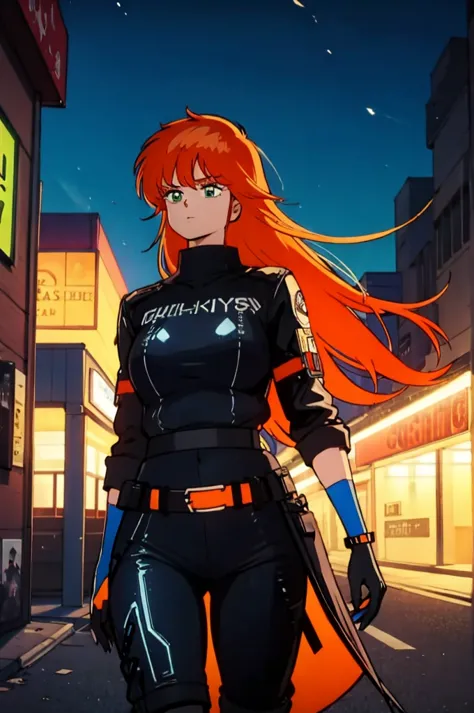 girl with orange hair, blue cyberpunk outfit, in the colorful grassland, at night