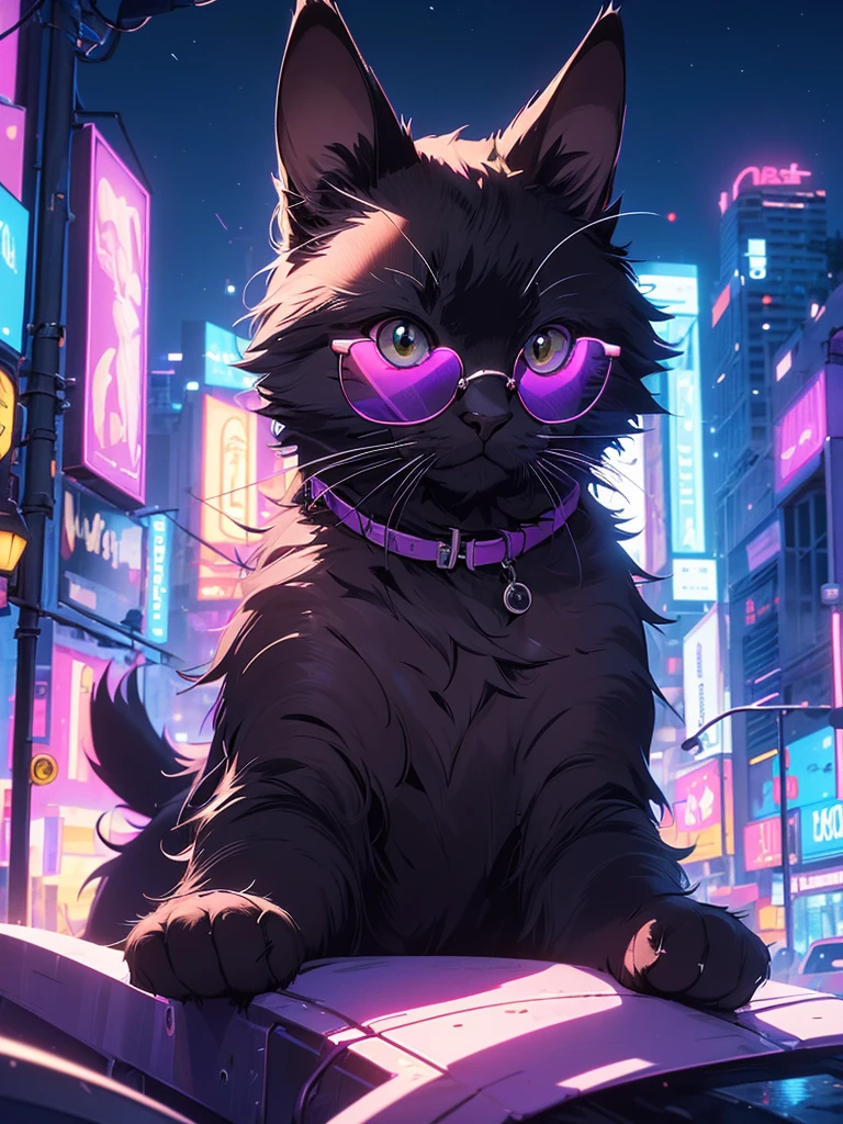 (masterpiece, best quality, super detailed, advanced details, highest quality, high resolution, 8K) A cinematographic scene of a animal black cat with sunglasses at midnight, purple and blue Neon lights and buildings background.
