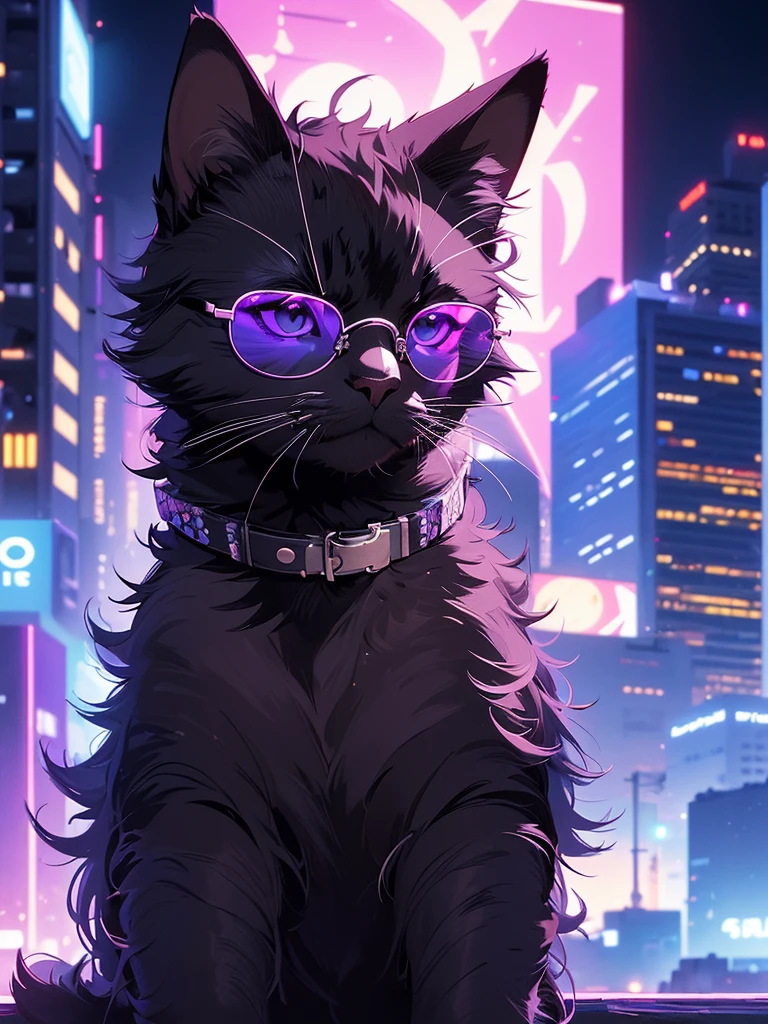 (masterpiece, best quality, super detailed, advanced details, highest quality, high resolution, 8K) A cinematographic scene of a animal black cat with sunglasses at midnight, purple and blue Neon lights and buildings background.
