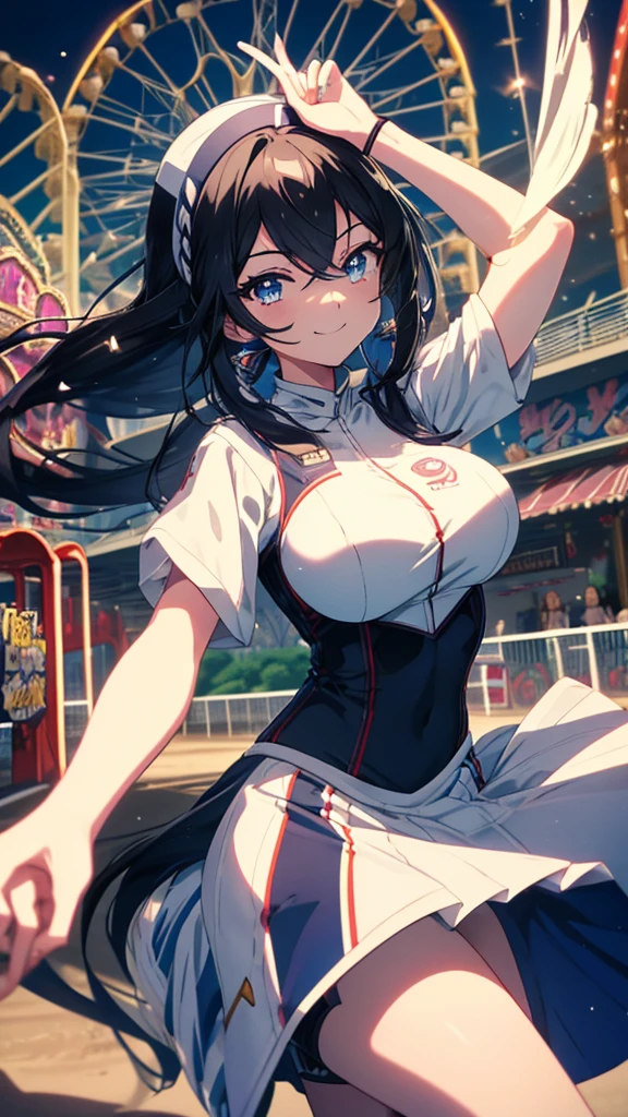 best quality, extremely detailed, anime style adult 1girl, long hair down to the waist, straight hair, ((dark black hair with bluish)),crown braid,beautiful detailed eyes, pinched eyes, dark blue eyes, huge breasts,curvy,(((jockey's racing uniform))),longskirt,((feather accessory)),foppery shoes,((((light smile)))),((((amusement park)))),animation cap,animated gif,