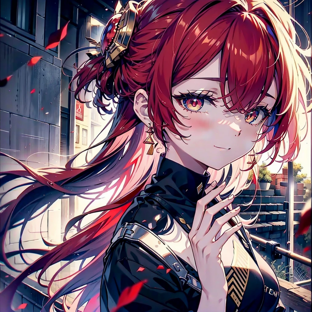 Ryuubedon, eyes RED AND GOLD, wicatalyst, red Hair, red and gold eyes,Long Hair,peitos grandes, happy smile, smile, Open your mouth, Oversized black y-shirt,Big Breasts,black skinny pants,Stiletto heels,morning,morning陽,The sun is rising,walking,whole bodyがイラストに入るように,Looking up from below,
break looking at viewer,whole body,
break outdoors, In town,
break (masterpiece:1.2), highest quality, High resolution, unity 8k wallpaper, (figure:0.8), (Beautiful fine details:1.6), Highly detailed face, Perfect lighting, Highly detailed CG, (Perfect hands, Perfect Anatomy),