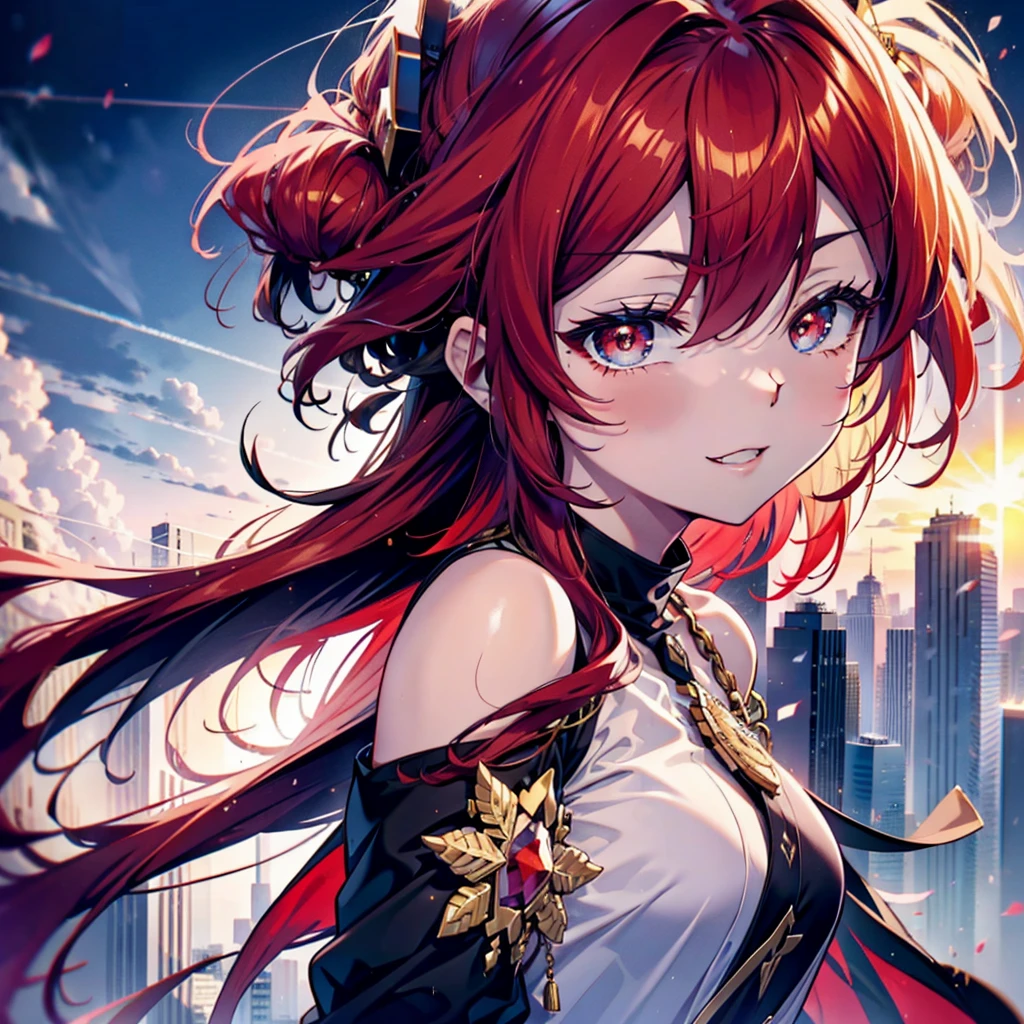 Ryuubedon, eyes RED AND GOLD, wicatalyst, red Hair, red and gold eyes,Long Hair,peitos grandes, happy smile, smile, Open your mouth, Oversized black y-shirt,Big Breasts,black skinny pants,Stiletto heels,morning,morning陽,The sun is rising,walking,whole bodyがイラストに入るように,Looking up from below,
break looking at viewer,whole body,
break outdoors, In town,
break (masterpiece:1.2), highest quality, High resolution, unity 8k wallpaper, (figure:0.8), (Beautiful fine details:1.6), Highly detailed face, Perfect lighting, Highly detailed CG, (Perfect hands, Perfect Anatomy),