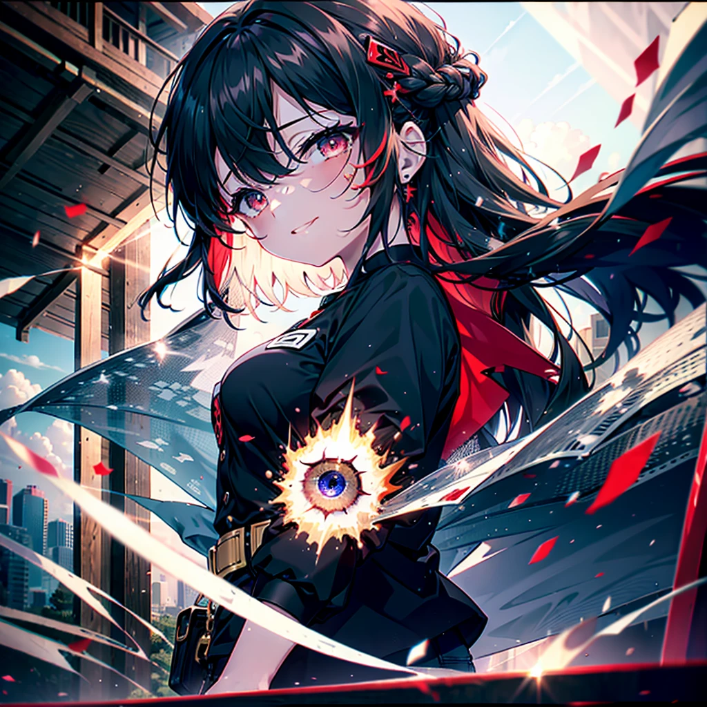 Ryuubedon, eyes RED AND GOLD, wicatalyst, red Hair, red and gold eyes,Long Hair,peitos grandes, happy smile, smile, Open your mouth, Oversized black y-shirt,Big Breasts,black skinny pants,Stiletto heels,morning,morning陽,The sun is rising,walking,whole bodyがイラストに入るように,Looking up from below,
break looking at viewer,whole body,
break outdoors, In town,
break (masterpiece:1.2), highest quality, High resolution, unity 8k wallpaper, (figure:0.8), (Beautiful fine details:1.6), Highly detailed face, Perfect lighting, Highly detailed CG, (Perfect hands, Perfect Anatomy),