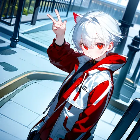 A solo cat boy, With white hair, red eyes, , wearing jacket, bust up!!!!!!!!!,cute boy, memegang kamera, di taman