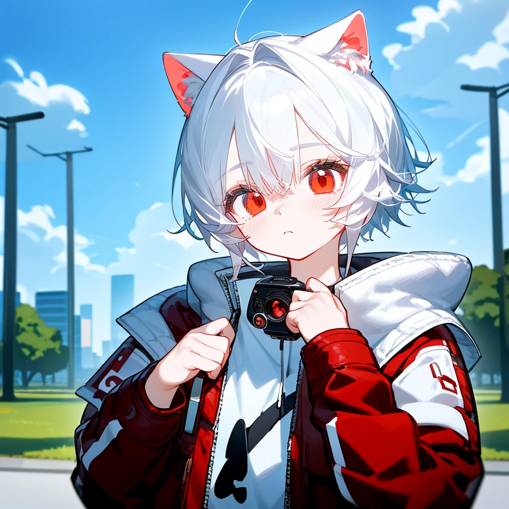 A solo cat boy, With white hair, red eyes, , wearing jacket, bust up!!!!!!!!!,cute boy, memegang kamera, di taman