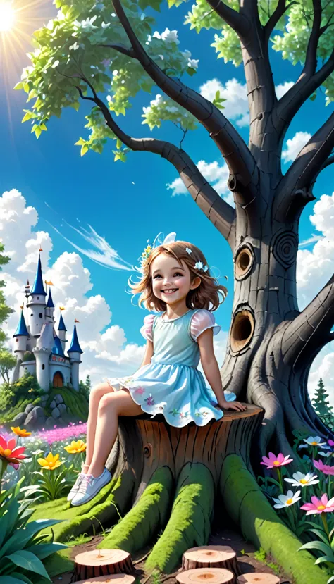 the picture is in the style of a coloring book black and white lines. a litlle girl is smiling and sitting on the tree stump loo...