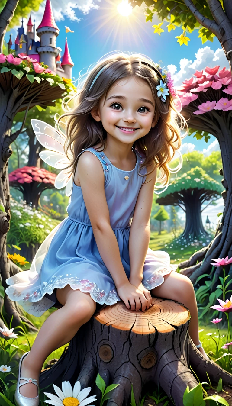 the picture is in the style of a coloring book black and white lines. a litlle girl is smiling and sitting on the tree stump looking at the flovers around her.t here are fairy trees behind her and fairy castle, clouds and sun in the backgraund