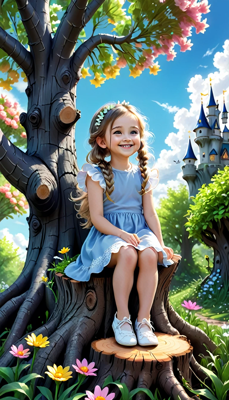 the picture is in the style of a coloring book black and white lines. a litlle girl is smiling and sitting on the tree stump looking at the flovers around her.t here are fairy trees behind her and fairy castle, clouds and sun in the backgraund