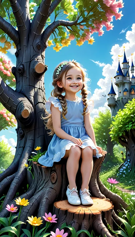 the picture is in the style of a coloring book black and white lines. a litlle girl is smiling and sitting on the tree stump loo...