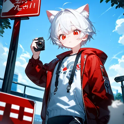 A solo cat boy, With white hair, red eyes, , wearing jacket, bust up!!!!!!!!!,cute boy, memegang kamera, di taman