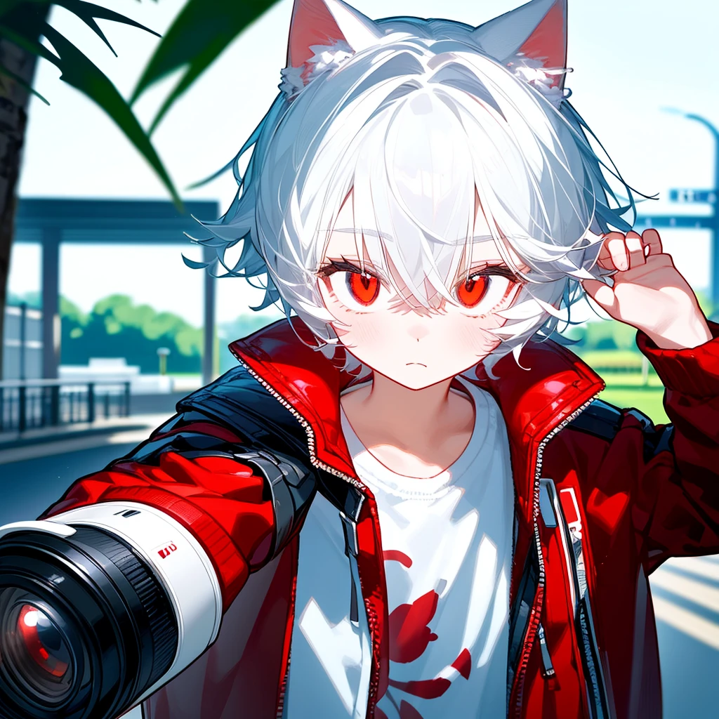 A solo cat boy, With white hair, red eyes, , wearing jacket, bust up!!!!!!!!!,cute boy, memegang kamera, di taman
